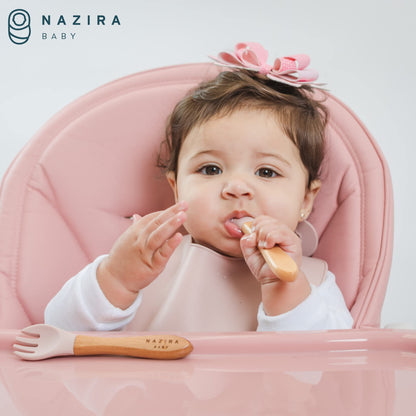 NaziraBaby Baby Self Feeding All Natural Beech Wood Fork and Spoon Set - BPA Free, Toddler Tableware, Suitable For Stage 1 Babies - Soft Curved Food Grade Silicone Head (Magic Mint)