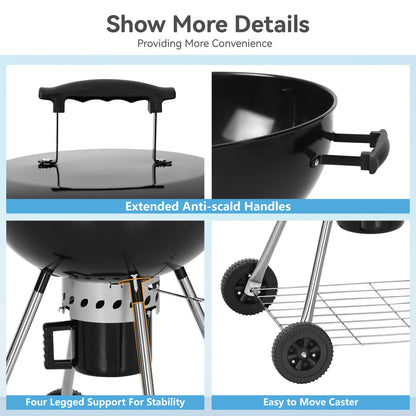 GREEN PARTY 22 inch Kettle Charcoal BBQ Grill with Wheels, Portable Charcoal Grill with Porcelain-Enameled Lid & Ash Catcher for Outdoor Cooking Barbecue Camping Picnics Tailgating