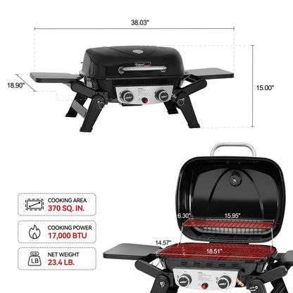 Grills House 2-Burner Portable Propane Gas Grill with Foldable Side Tables and Legs, Outdoor Tabletop Gas Grill with Warming Rack for Travel, Picnic, Tailgate, Camping, Black, GT2005-SC