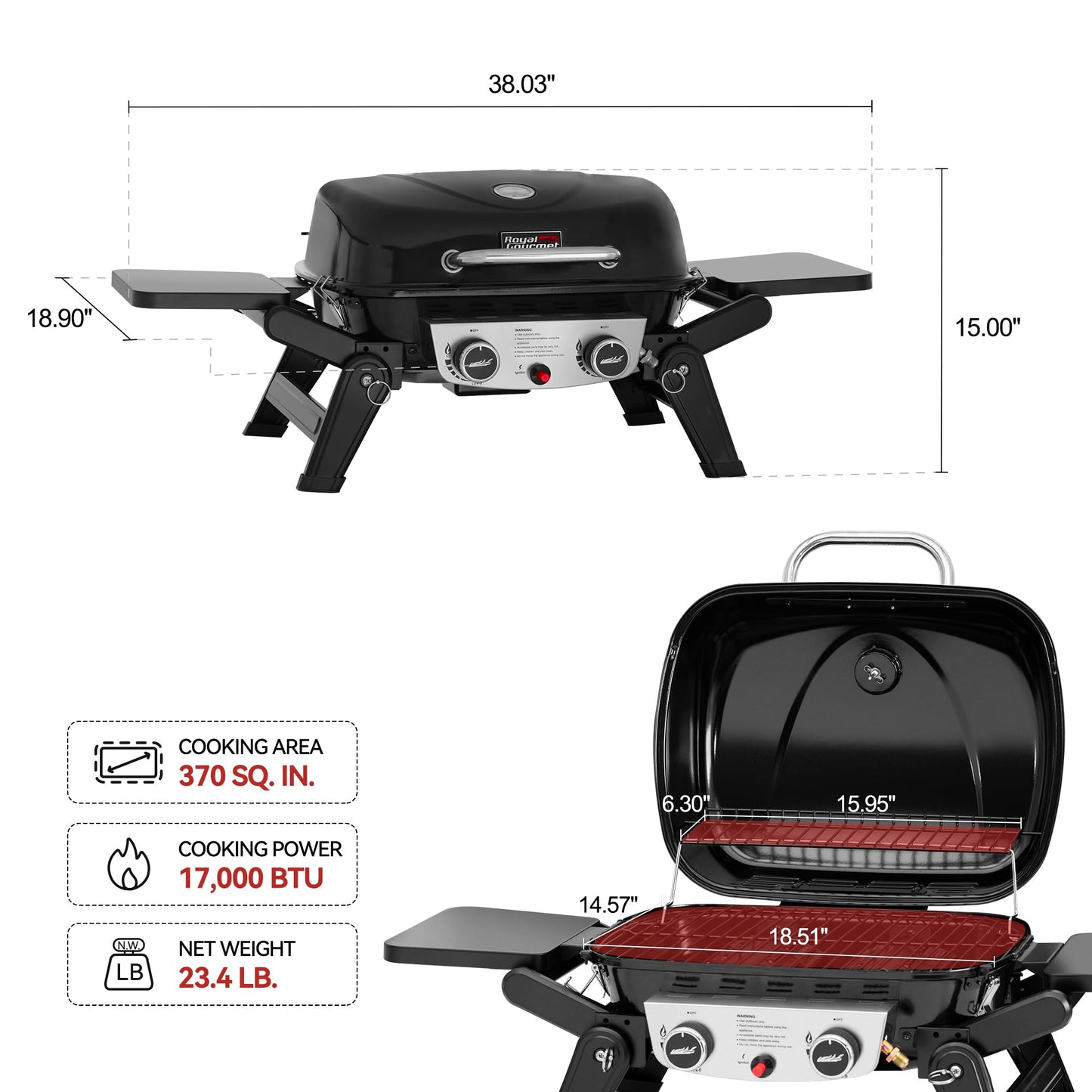 Royal Gourmet GT2005 2 Burner Portable Propane Gas Grill with Foldable Side Tables & Foldable Support Legs, Tabletop Gas Grill with Warming Rack for Outdoor Cooking & Grilling, Black