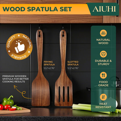 AIUHI Teak Wood Spatula for Cooking, Durable Flat Turner and Slotted Spatula for Nonstick Cookware, Long Handle Natural Wooden Cooking Utensils 2 Pieces