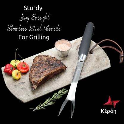 Kepon Grill Utensils Set – Grill Utensils Set for Outdoor Grill, Ideal Grilling Kit – BBQ Tool Kit with Long Stainless Steel Spatula, Fork, Tongs, and Brush