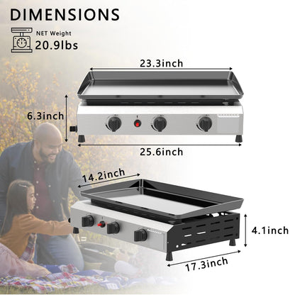 SKOK 3 Burner Gas Griddle- 23.3 Inch Outdoor Propane Griddle- 30000 BTU Propane Fuelled, Portable Flat Top Gas Grill Camping Griddle Station for Kitchen, Outdoor BBQ, Camping