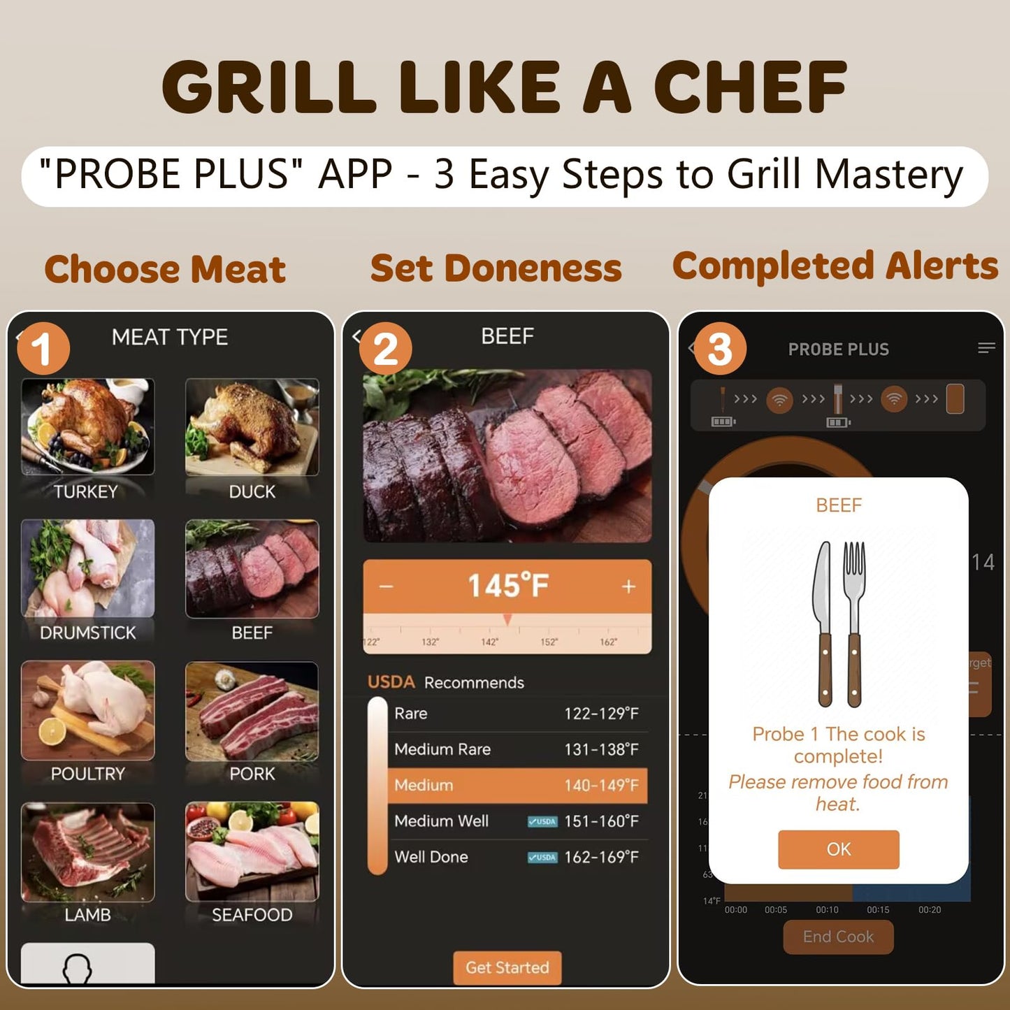 Real-Time Alerts Wireless Meat Thermometer - Smart Bluetooth Probe for BBQ, Grill, Oven, Smoker - Long Range Bluetooth, Accuracy Temp, Dishwasher Clean, Waterproof - Perfect for BBQ Lovers & Chefs