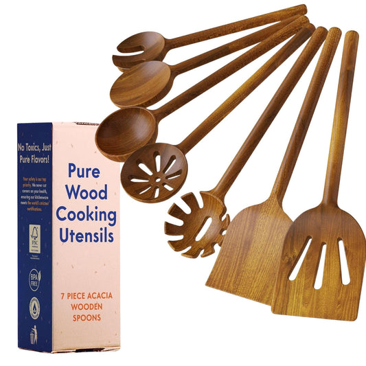 Non-Toxic Wooden Spoons for Cooking– 7-Piece Kitchen Utensils Set, Glue-Free & One-Piece Cooking Utensils, Natural Wooden Utensil Set with Plant-Based Finish, Free of Forever Chemicals