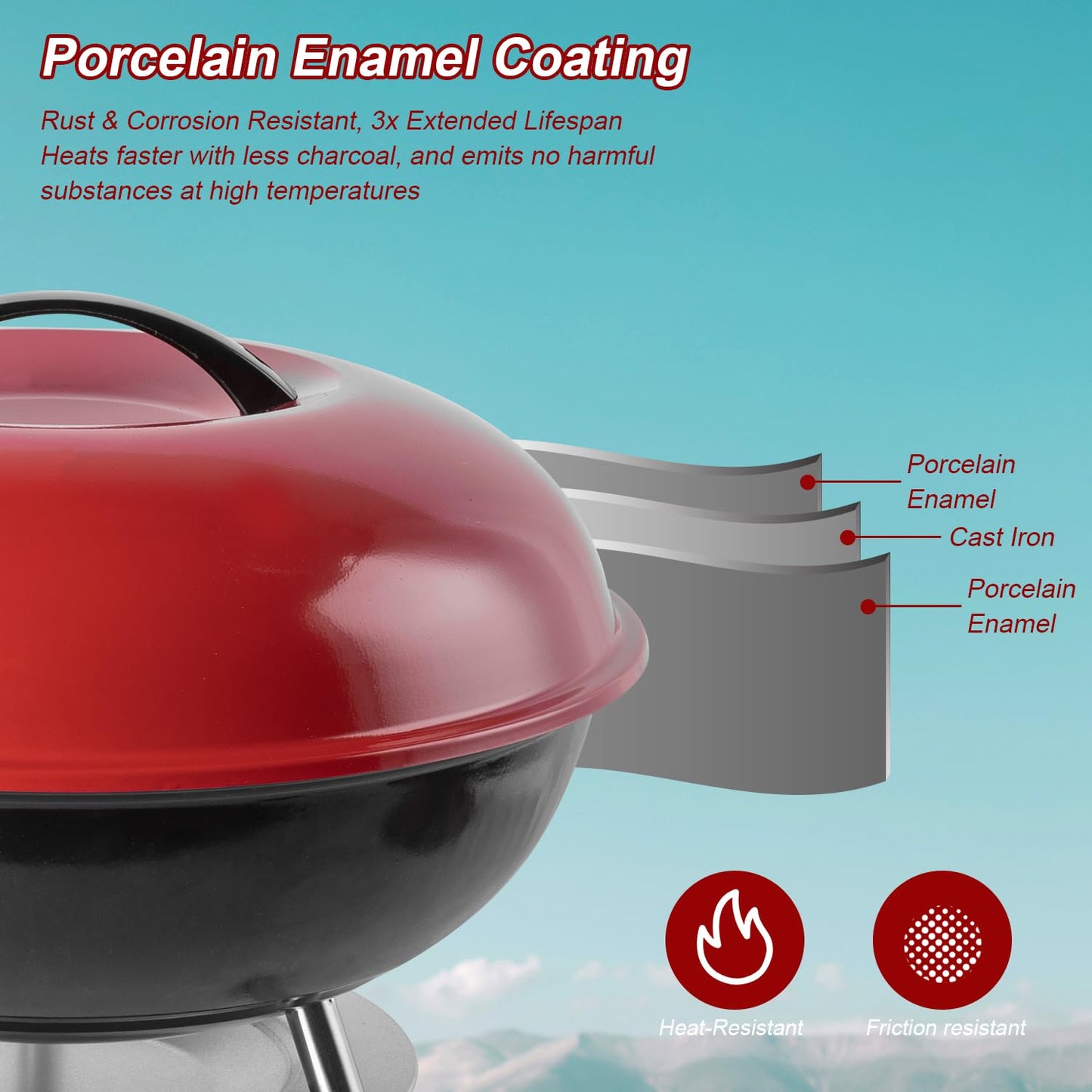 Charcoal Grill: Kettle Grill - 14 "portable outdoor grill with 3-point locking lid and dual ventilation system | perfect for backyard, camping and beach, red (14)