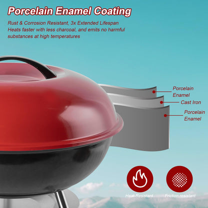 Charcoal Grill: Kettle Grill - 14 "portable outdoor grill with 3-point locking lid and dual ventilation system | perfect for backyard, camping and beach, red (14)