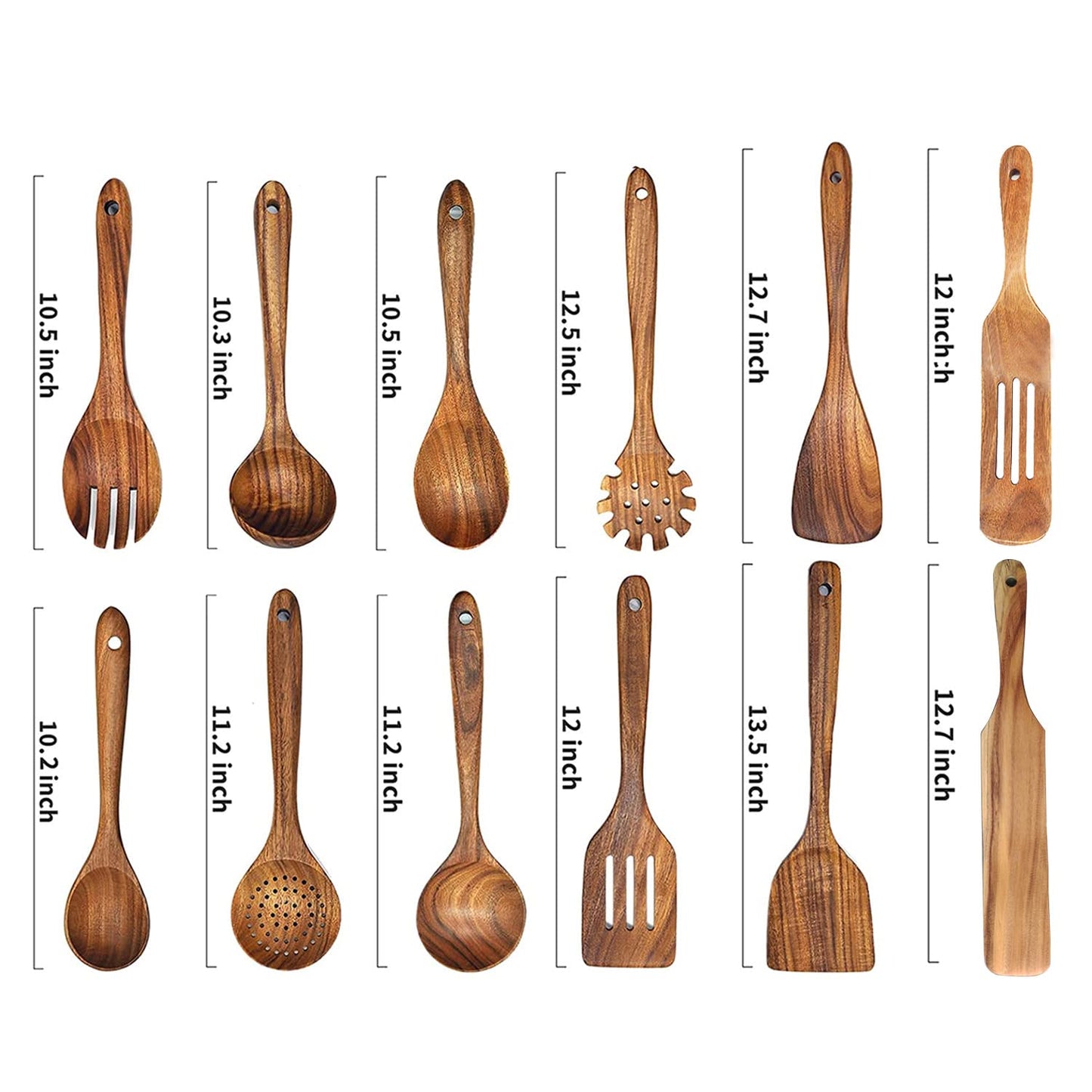 12 Pack Wooden Spoons for Cooking - Natural Teak Kitchen Utensils Set With Spatulas