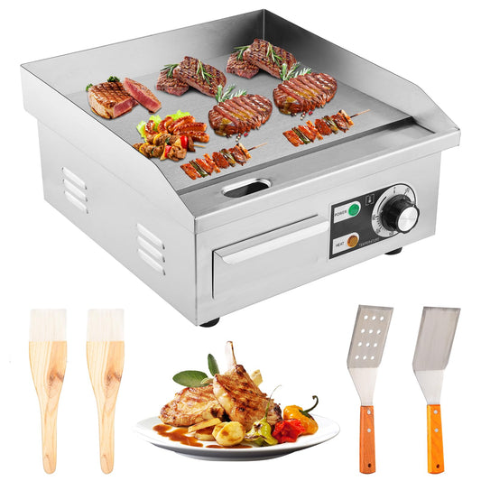 Commercial Electric Griddle, 14" Electric Countertop Flat Top Griddle,1600W 110V Non-Stick Electric Flat Top Grill Stainless Steel Teppanyaki Grill,122℉-572℉ Adjustable Temperature for Restaurant Home