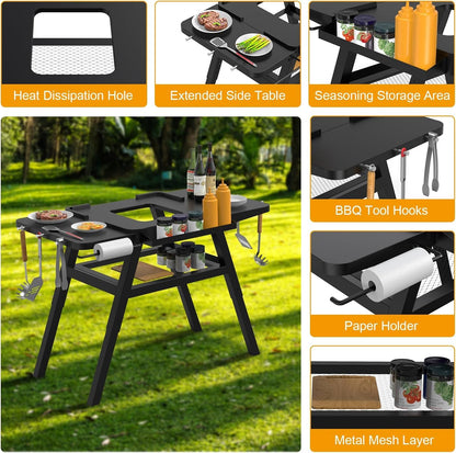 BBQ-PLUS Grill Stand for Ninja Woodfire Outdoor Grills, Portable Adjustable Grill Cart for Ninja OG700 OG800 OG900 Series Smoker Blackstone 17" Griddle,Folding Table with Shelf