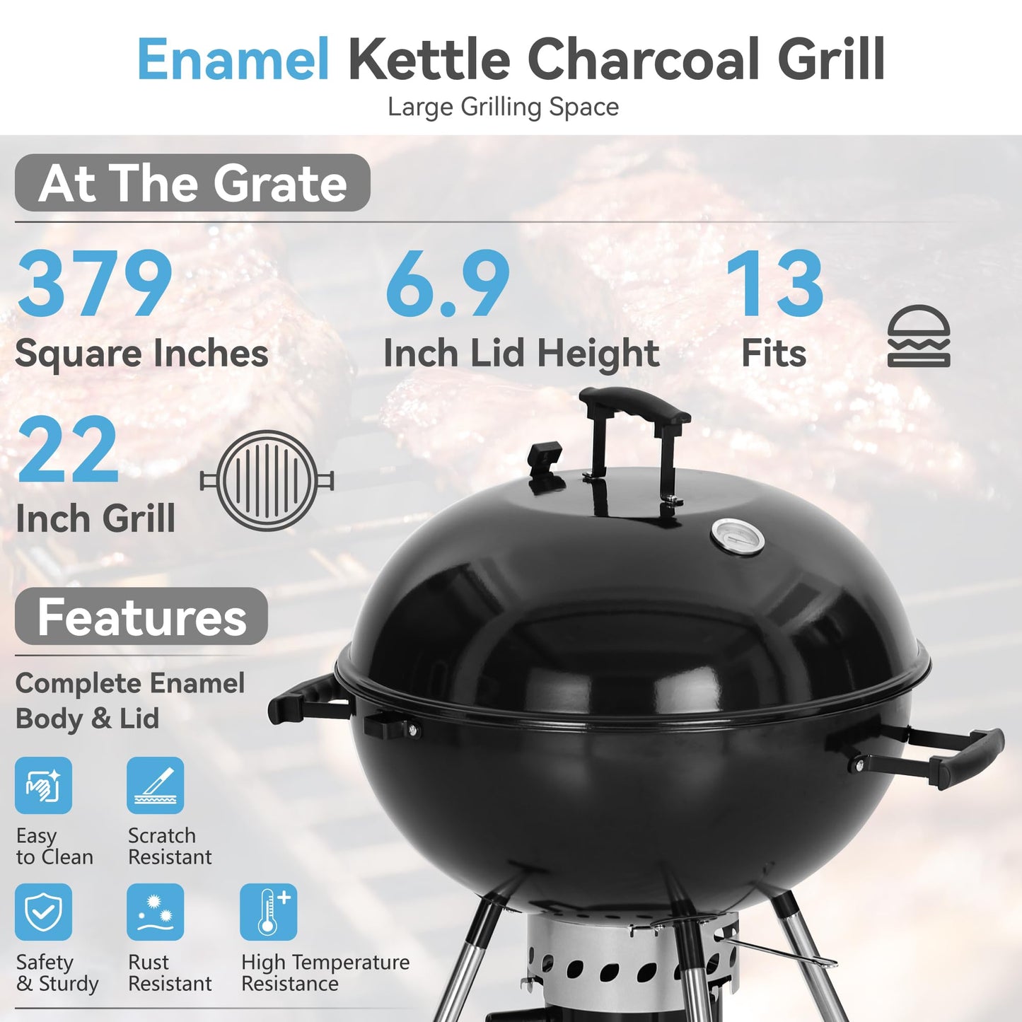 GREEN PARTY 22 inch Kettle Charcoal BBQ Grill with Wheels, Portable Charcoal Grill with Porcelain-Enameled Lid & Ash Catcher for Outdoor Cooking Barbecue Camping Picnics Tailgating