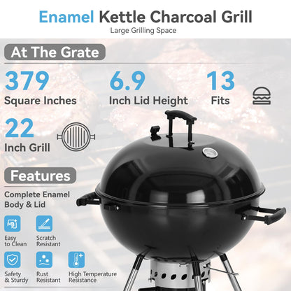 GREEN PARTY 22 inch Kettle Charcoal BBQ Grill with Wheels, Portable Charcoal Grill with Porcelain-Enameled Lid & Ash Catcher for Outdoor Cooking Barbecue Camping Picnics Tailgating