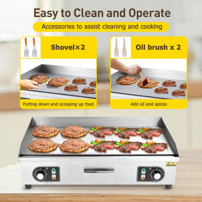 Takywep 30" Commercial Electric Griddle, 3000W Electric Countertop Griddle, Non-Stick Restaurant 110V Teppanyaki Flat Top Grill Stainless Steel Adjustable Temperature Control 122°F-572°F (NO PLUG)