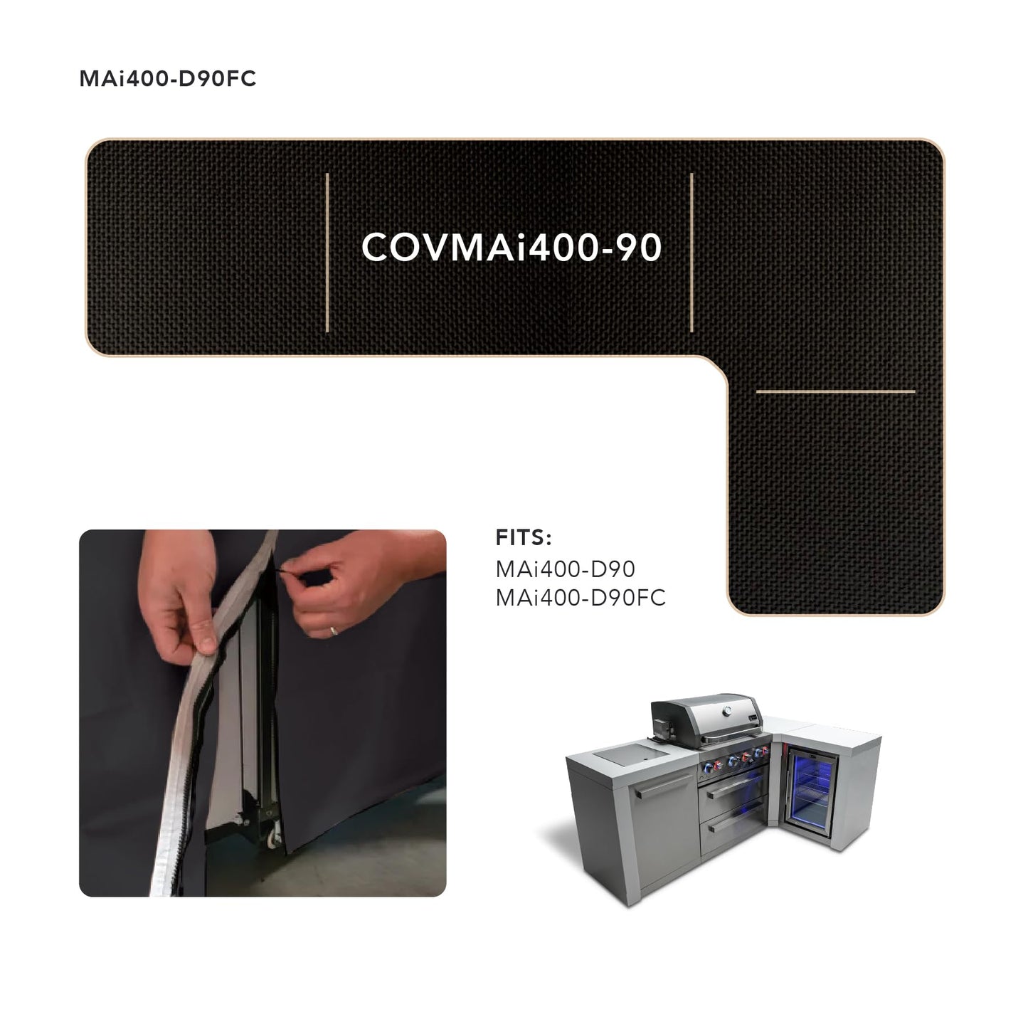 Mont Alpi 400 COVMAi400-90 L-Shaped 4-Burner Heavy Duty All Weather Water Resistant 82" x 50" Full Black Grill Cover for MAi400-D90 and MAi400-D90FC Stainless Steel Modular Outdoor Kitchen BBQ Islands