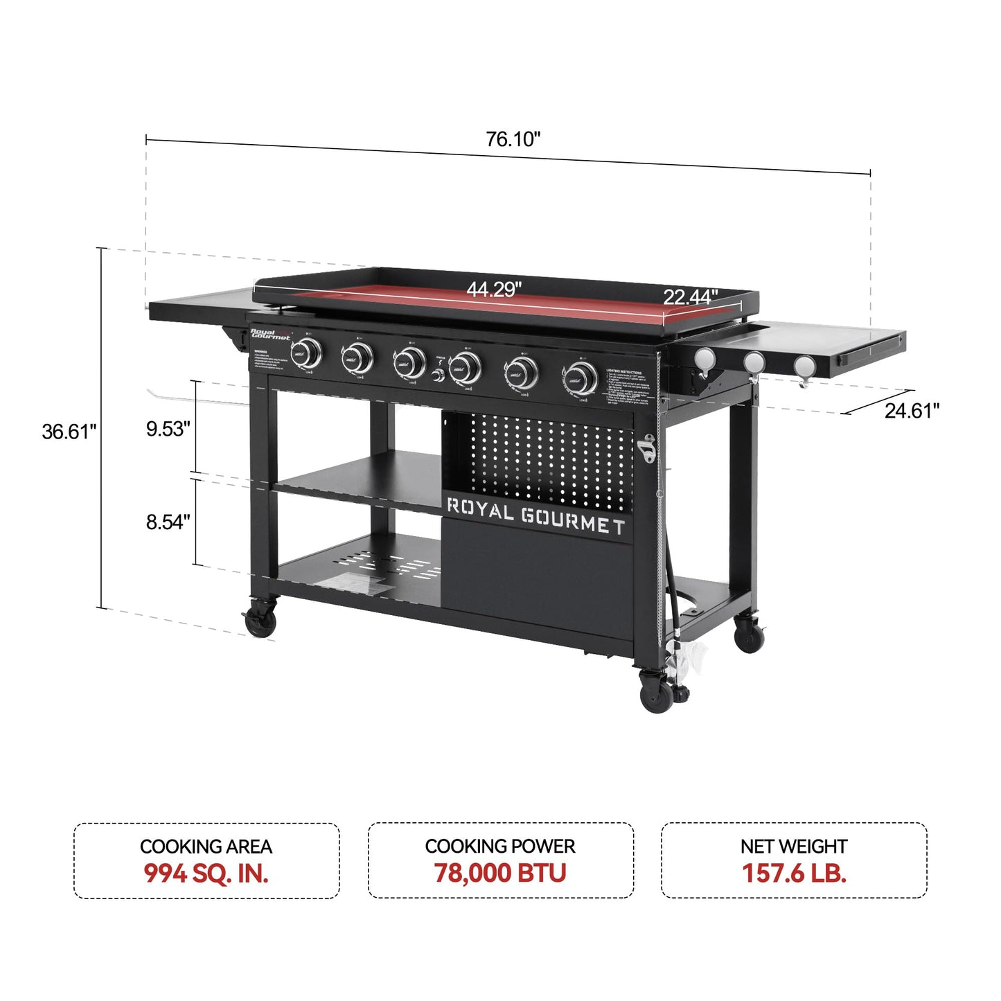 Royal Gourmet GB6000 6 Burner Propane Gas Griddle with Folding Side Tables, 44-Inch Flat Top Grill with Double-Layer Bottom Shelves for Outdoor Party or Backyard Barbecue, Black