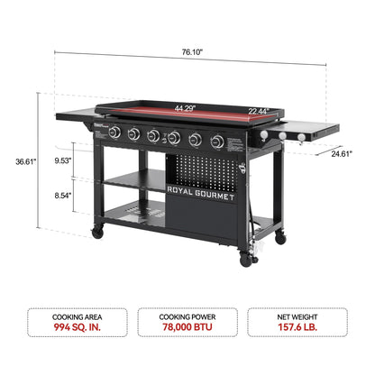 Royal Gourmet GB6000 6 Burner Propane Gas Griddle with Folding Side Tables, 44-Inch Flat Top Grill with Double-Layer Bottom Shelves for Outdoor Party or Backyard Barbecue, Black