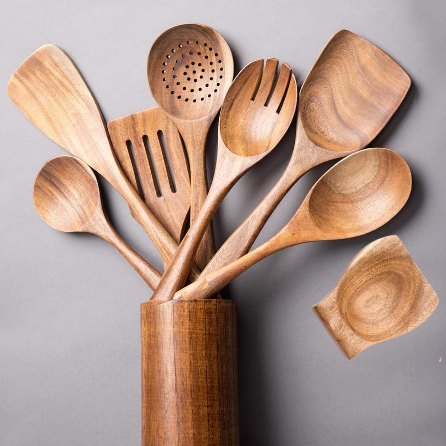 9 Pics Teak Wood Utensil Set-Wooden Cooking Spoon for Cooking-Wooden Spatula with Utensils Rest and Holder Cooking Utensils Set Non Toxic-Wood Spatula for Cooking