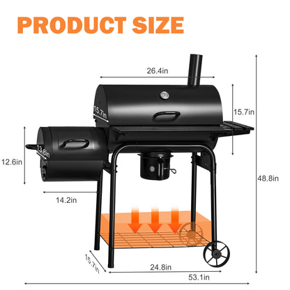 Flamaker Grill Outdoor Charcoal Grills with Side Oven & Thermometer Offset Smoker with Ash Catcher & Cover for Camping Picnics, BBQ, Hiking