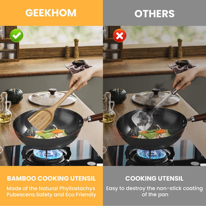 GEEKHOM Bamboo Spatulas for Nonstick Cookware, 13 Inch Wooden Kitchen Utensils, 2 Pack Flat Wood Spatula Turners for Cooking Stirring, Flipper for Pancake, Fish, Egg