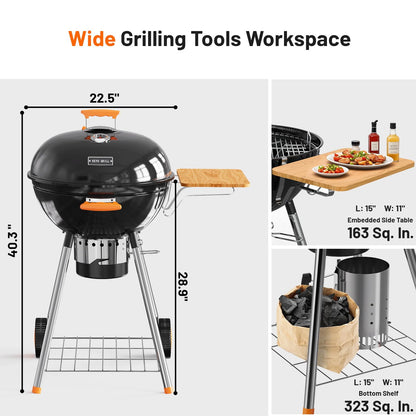 KEYO GRILL 22.5-inch Kettle Charcoal Grill with Detachable Side Table, Portable Charcoal Grills with Adjustable Vents, Outdoor BBQ Grill with Wheels for Camping, Tailgating and Backyard Cooking
