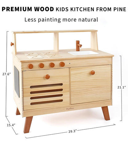 PairPear Play Kitchen for Kids, Natural Wooden Kids Kitchen Playset with Toy Kitchen Cooking Set Play Food, Pretend Play Kids Play Kitchen Toys Gift for Ages 3+