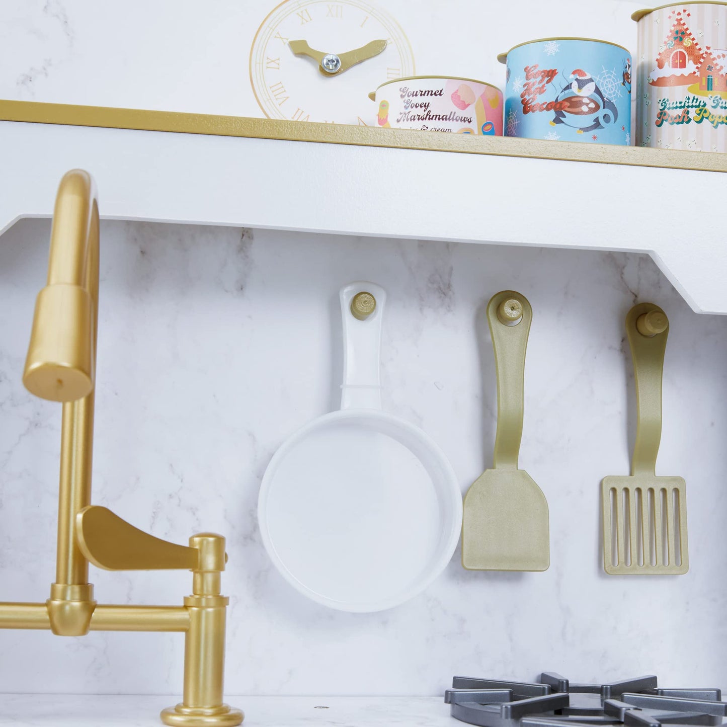 Teamson Kids Versailles Petite Classic Kids Wooden Interactive Play Kitchen, White with Faux White Marble and Gold