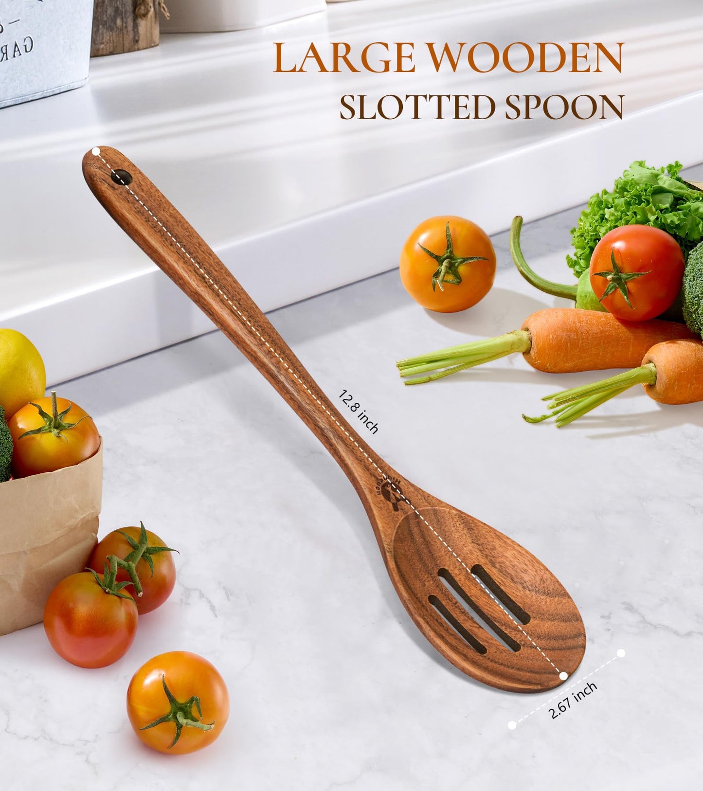 Wooden Slotted Spoons for Cooking, Good Grips Large Wooden Slotted Spoon, Natural Premium Teak Spoons Spatula, Heat Resistant Cooking Utensils for Nonstick Cookware, Serving and Mixing