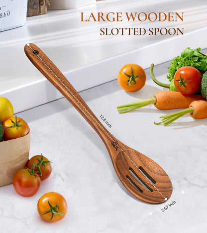Wooden Slotted Spoons for Cooking, Good Grips Large Wooden Slotted Spoon, Natural Premium Teak Spoons Spatula, Heat Resistant Cooking Utensils for Nonstick Cookware, Serving and Mixing