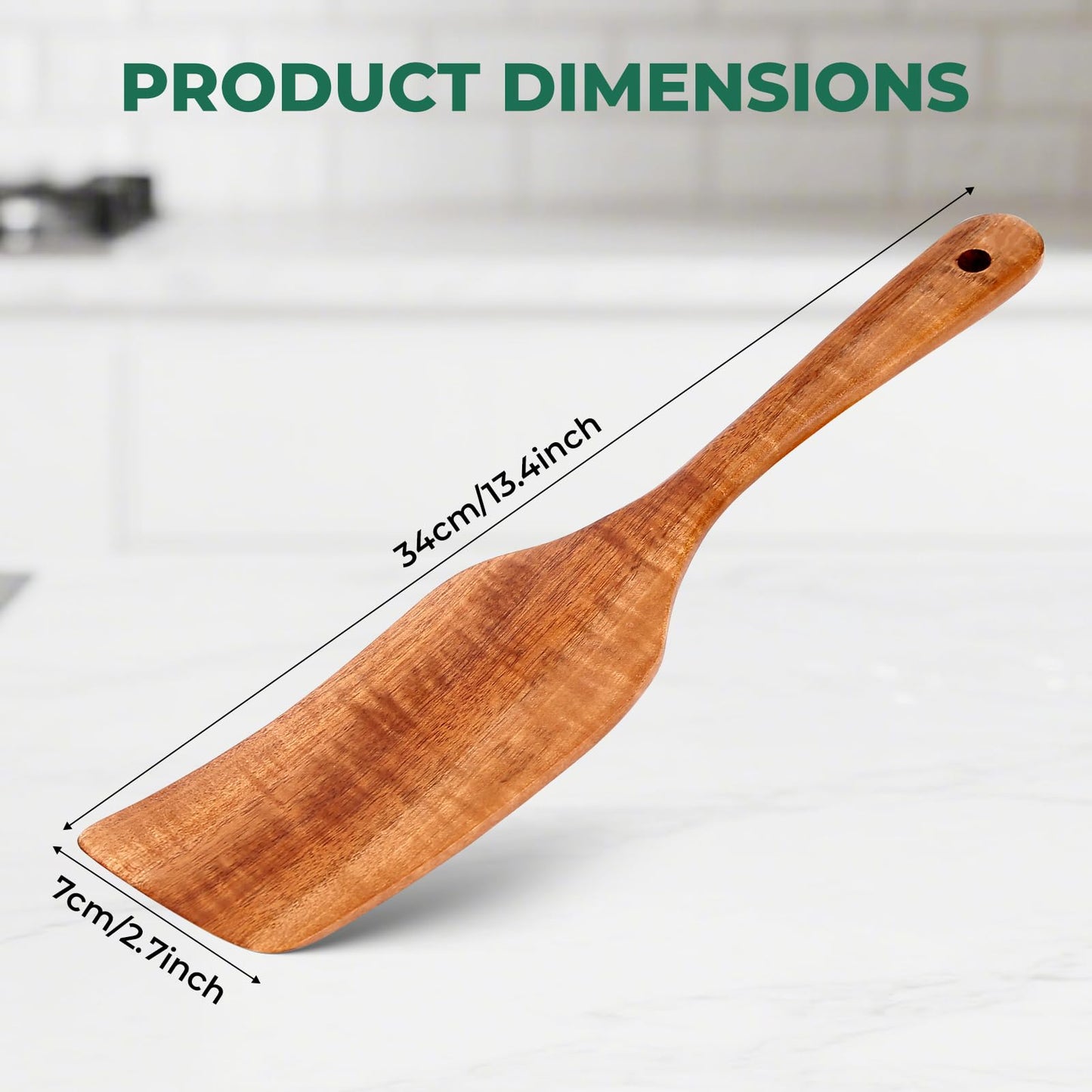 KAQISE Wooden Spatula for Cooking, Heat-Resistant Teak Wood Spatula/Turner, Kitchen Utensil with Smooth Finish,Non-Scratch Non-Stick Pans, Long Handle Handcrafted Scraper Spurtle for Flipping,Serving