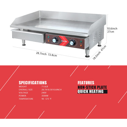 EGGKITPO Commercial Electric Griddle 29 Inch Large Countertop Griddle Non-Stick Flat Top Grill Stainless Steel Teppanyaki Griddle with Adjustable Temperature 90℉-575℉ for Restaurant Use 240V 3500W