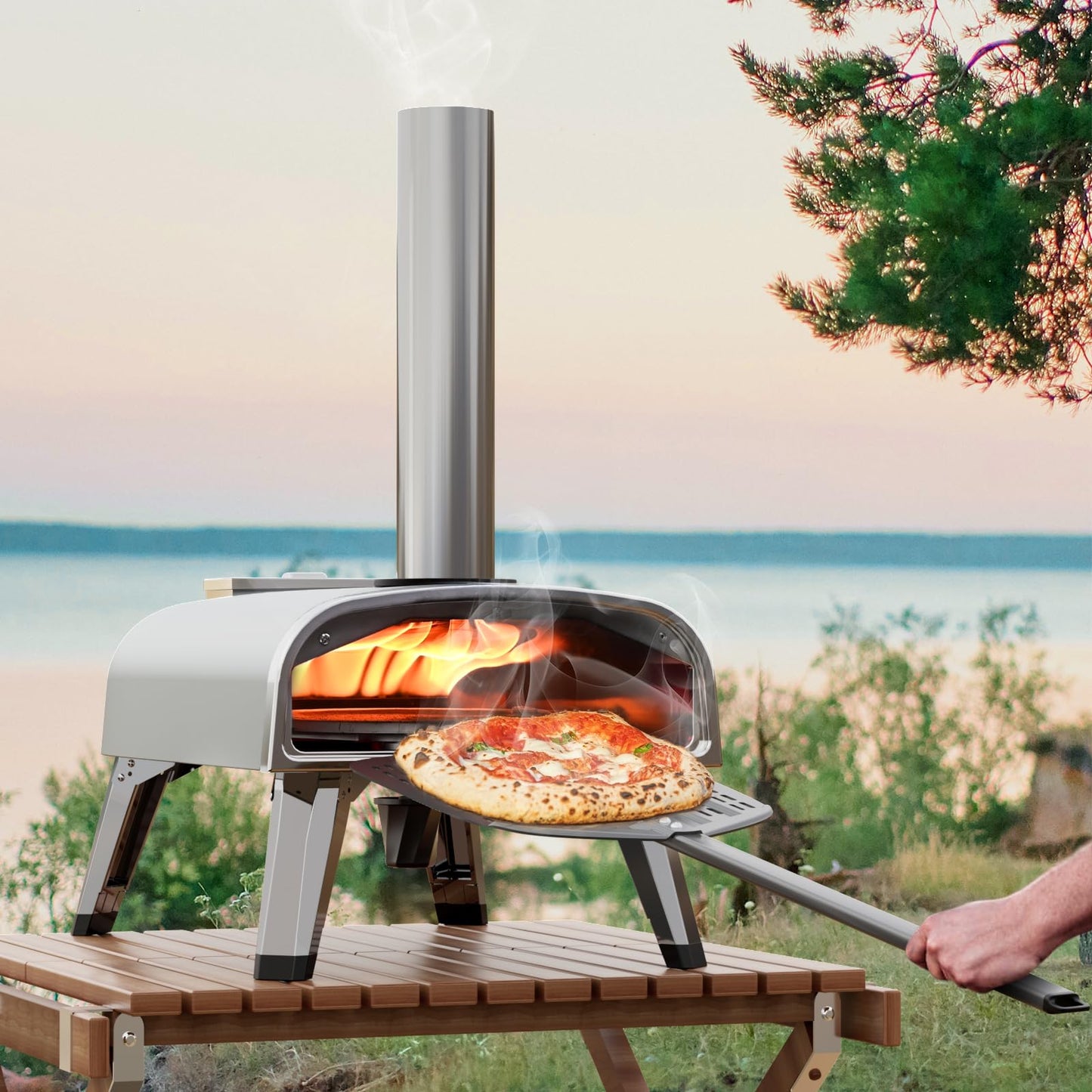 aidpiza Outdoor Pizza Oven 12" Wood Pellet Pizza ovens With Rotatable Round Pizza Stone Portable Wood Fired with Built-in Thermometer Pizza Stove for Outside Backyard Camping Picnics (Grey-revolving)