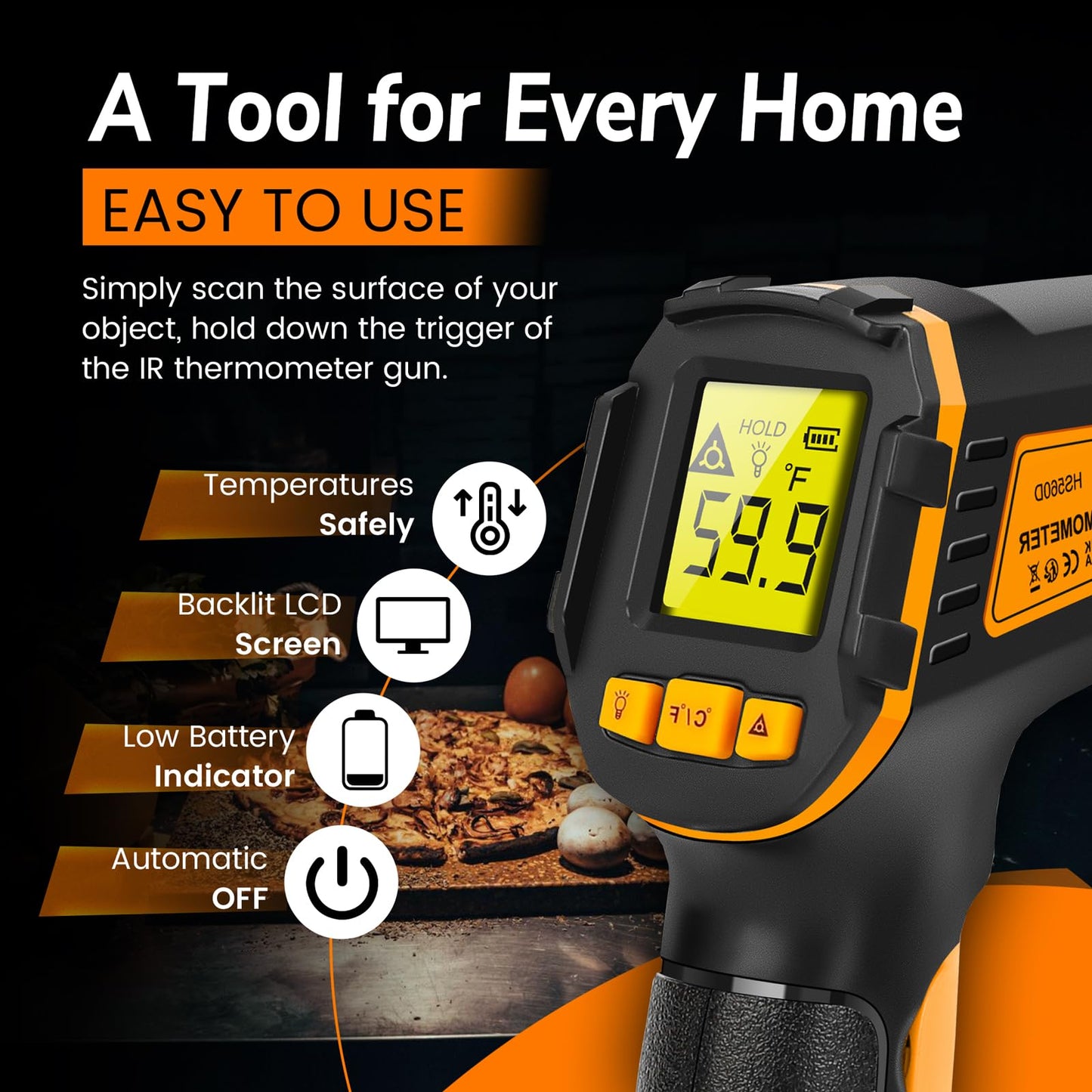 Infrared Thermometer Digital Temperature Gun Laser Meat Thermometer for Cooking, Food, Pizza Ovens, Grilling, Engine, Candy, Laser Griddle, Indoor HVAC Refrigerator Tool -58°F to 1112°F (-50℃~600℃)