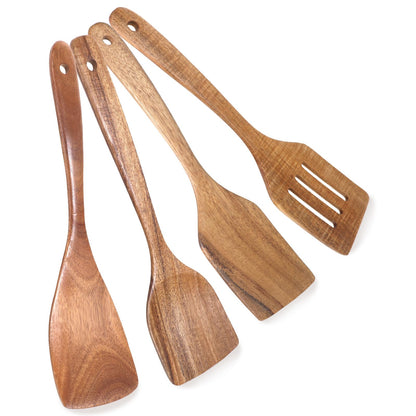 Wood Spatula for Cooking, 4 Pcs Natural Acacia Wood Kitchen Cooking Utensils Set for Nonstick Frying Pan, Slotted Turner Thin Flat Spurtle Scraper Spoons for Baking Mixing Scraping Fish Egg Flipper