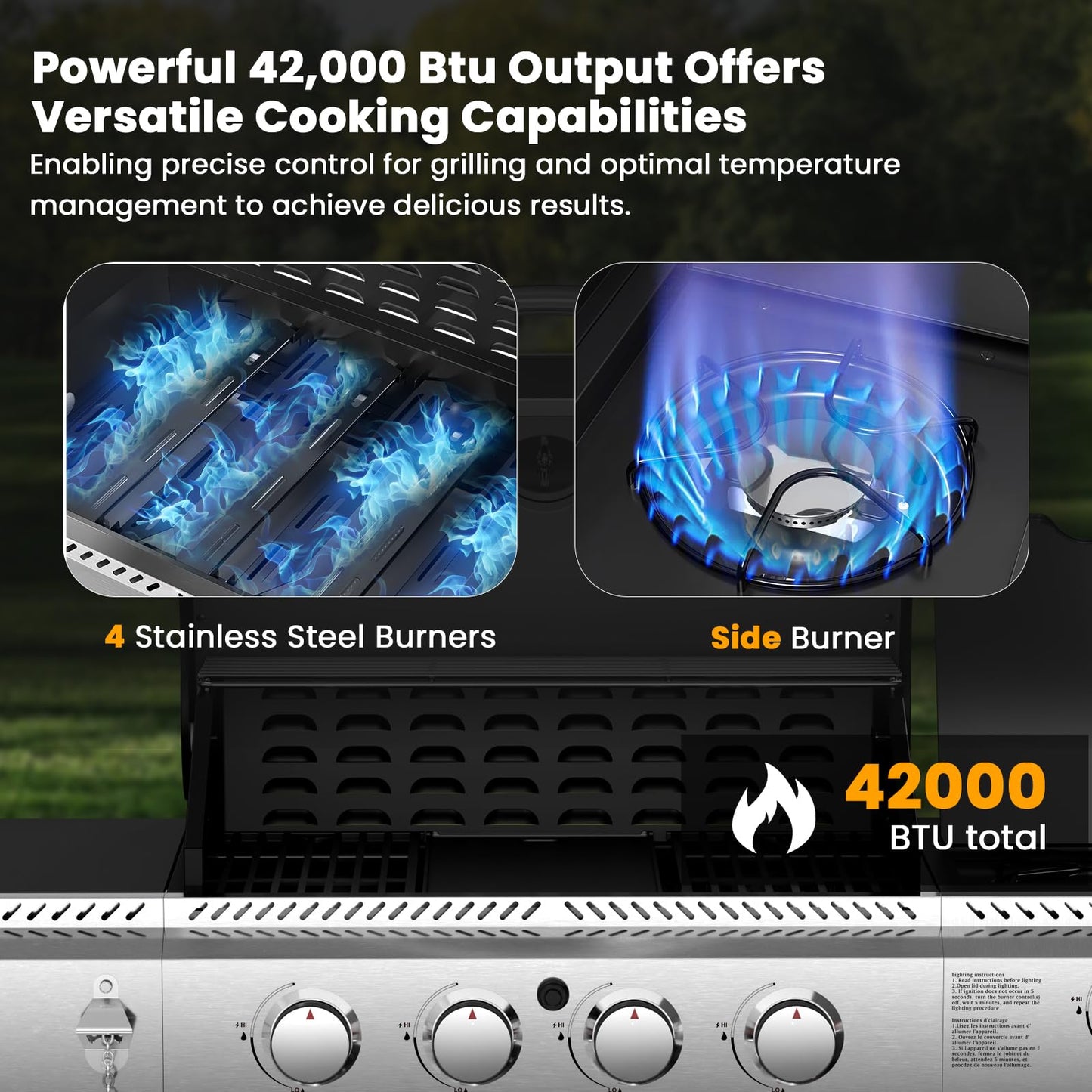 4-Burner Gas BBQ Grill with Side Burner, Porcelain-Enameled Cast Iron Grates, Baking Pan, 42,000 BTU Stainless Steel Propane Grill for Outdoor Cooking and Patio Barbecues