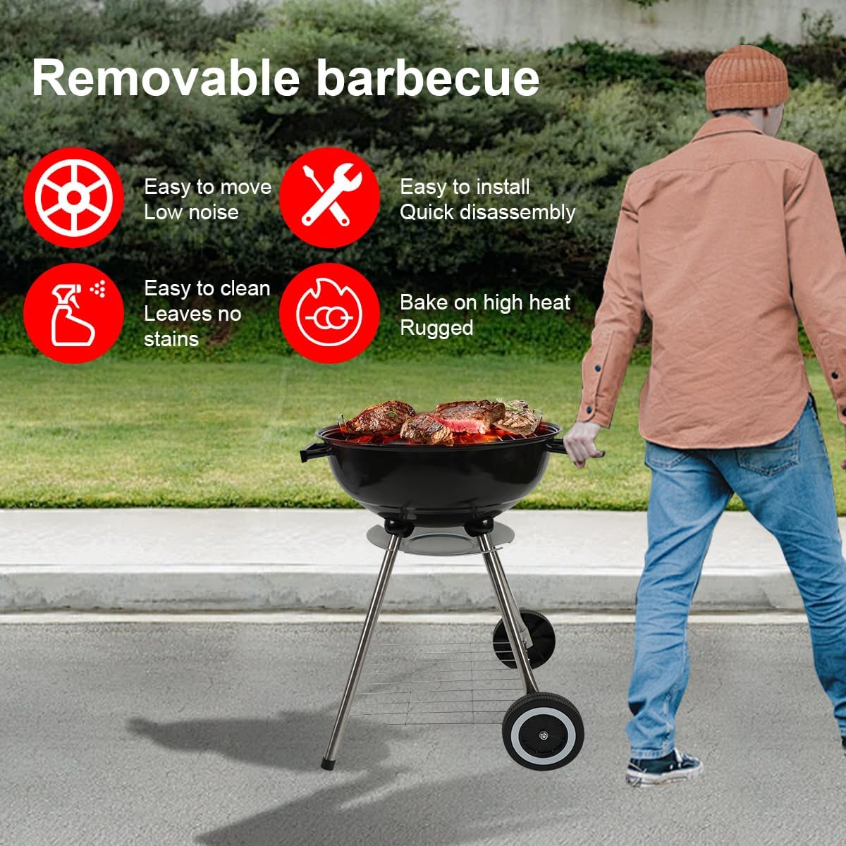 gzcmxh Charcoal Grill - 18inch Outdoor Charcoal BBQ Grill with handle and wheels - Balck Kettle Grill for outdoor, backyard, picnics, party parties