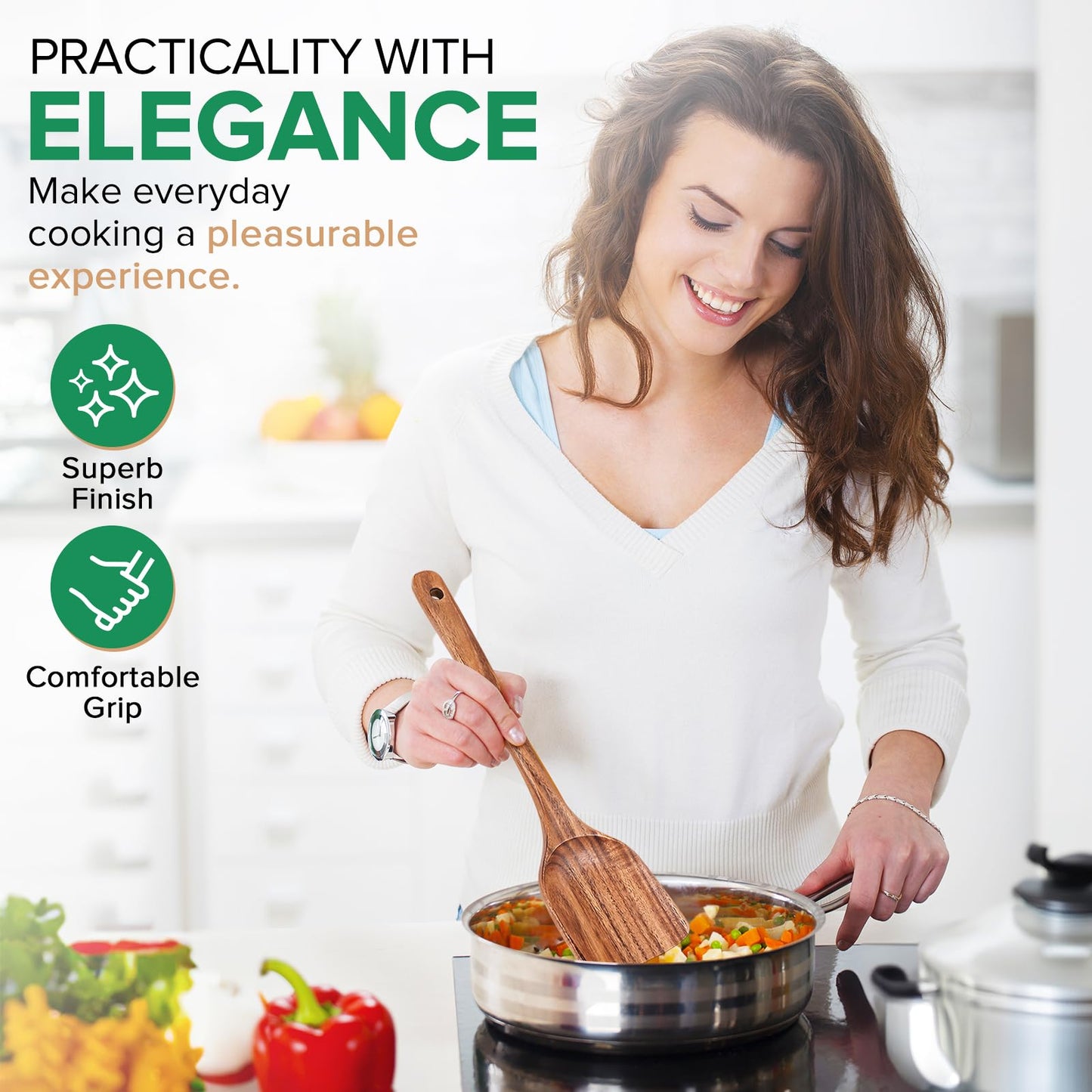 Teak Wood Spatula for Cooking, Wooden Kitchen Cooking Utensil, Large Long Handle Solid Wok Spatula Flipper with Raised Sides for Serving Scooping Frying Mixing Stirring Eggs Beans,Non-Toxic,13.4″,1Pk