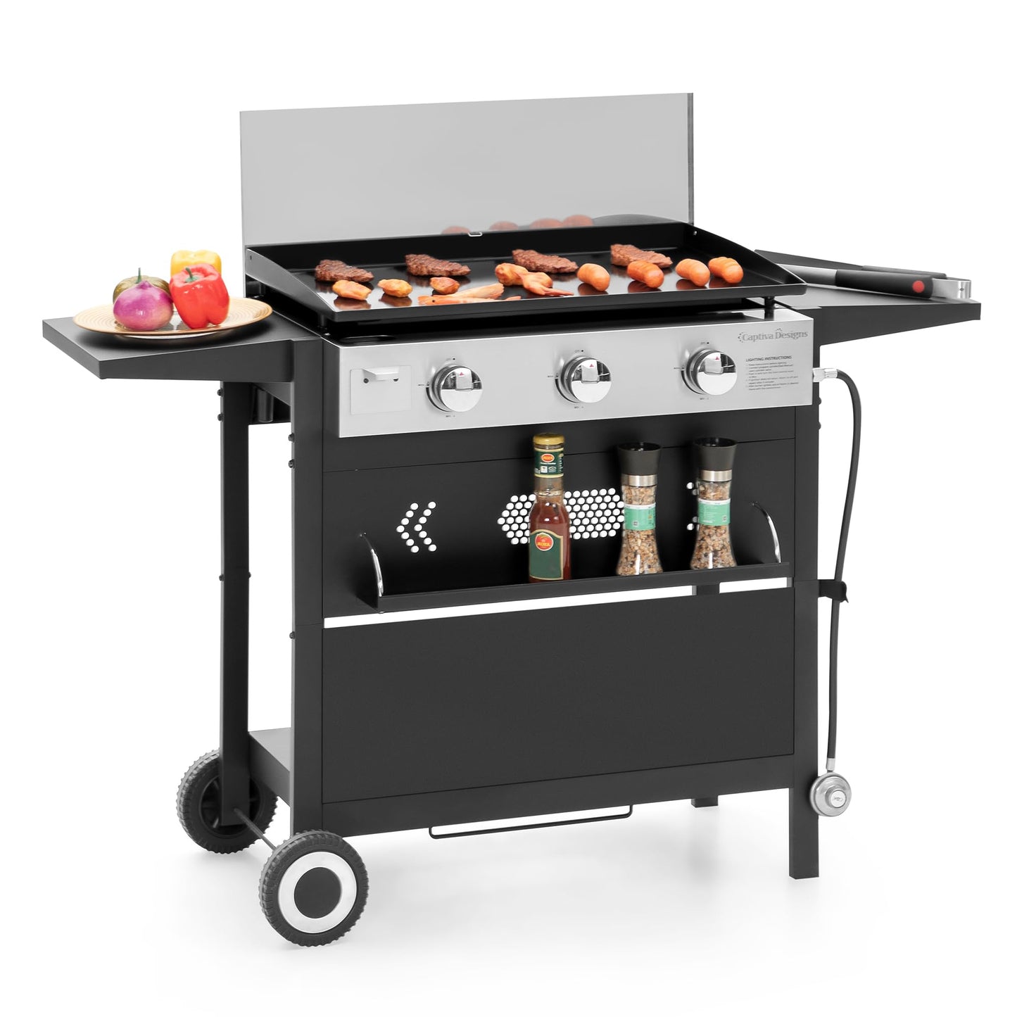 Captiva Designs 27 in Flat Top Griddle Grill with Ceramic Coated Cast Iron Pan, 3-Burner Propane Gas Griddle Grill, 33,000 BTU Output Flattop Grills for Outdoor Barbecue, Cooking and Party