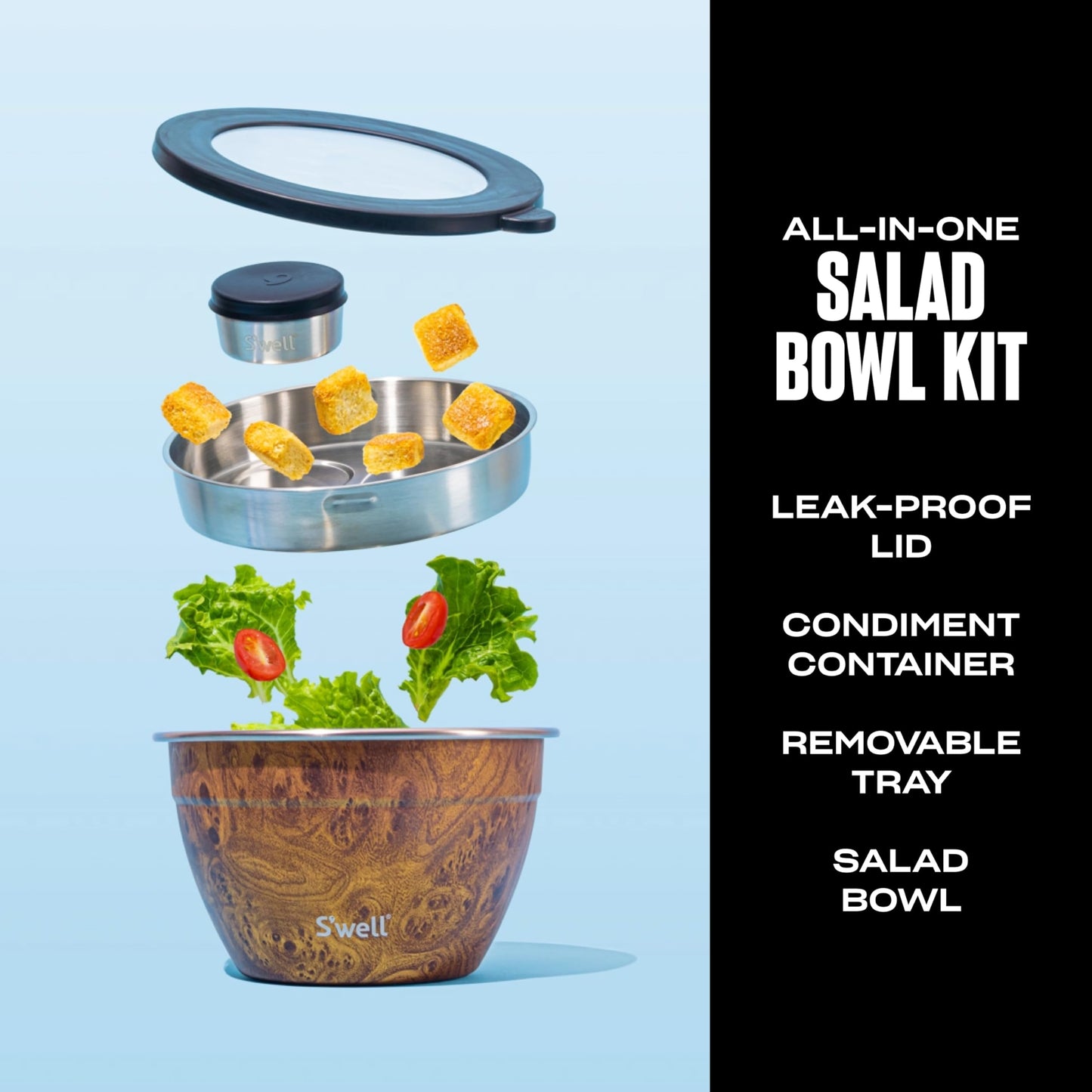 S'well Stainless Steel Salad Bowl Kit - 64oz, Teakwood - Comes with 2oz Condiment Container and Removable Tray for Organization - Leak-Proof, Easy to Clean, Dishwasher Safe