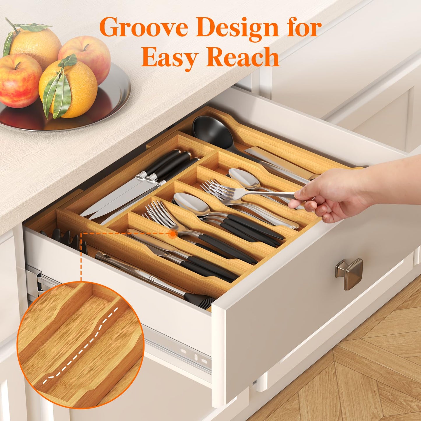 Lifewit Silverware Drawer Organizer, Expandable Utensil Tray for Kitchen, Bamboo Flatware and Cutlery Holder, Wood Adjustable Storage for Spoons Forks Knives, Large, Natural