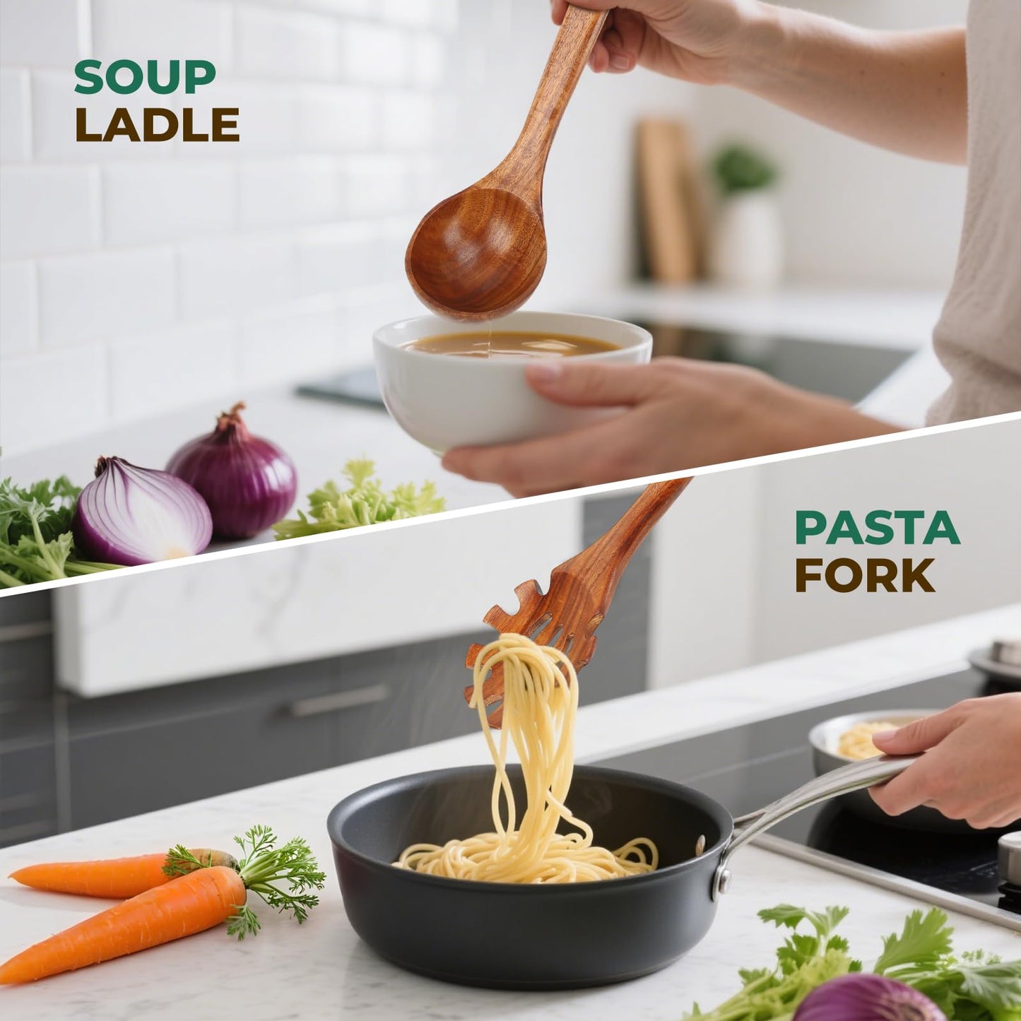 KAQISE 10PCS Wooden Utensils Set, Teak Wood Spoons&Spatulas,Kitchen Utensils for Nonstick Cookware-Spatula|Soup Ladle|Strainer Spoon|Pasta Fork,Heat Resistant Wooden Cooking Tools