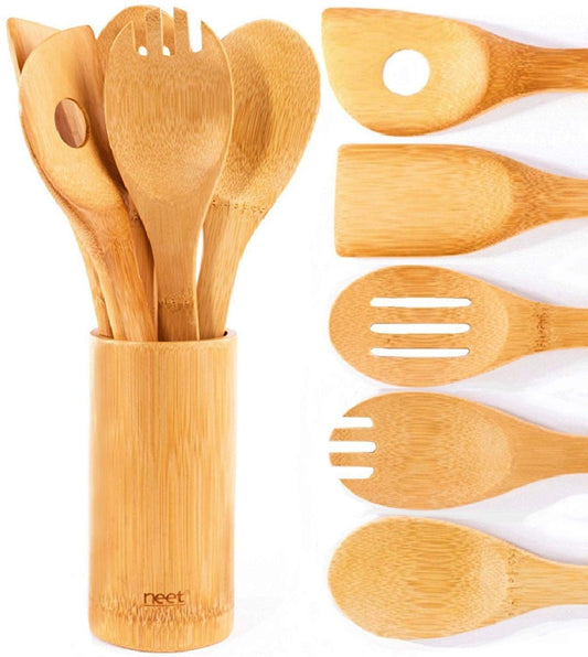Neet Wooden Spoons For Cooking 6 Piece Organic Bamboo Utensil Set With Holder Wood Kitchen Utensils Spatula Spoon For High Heat Stirring In Nonstick Pots & Pans Quality Gift & Everyday Use