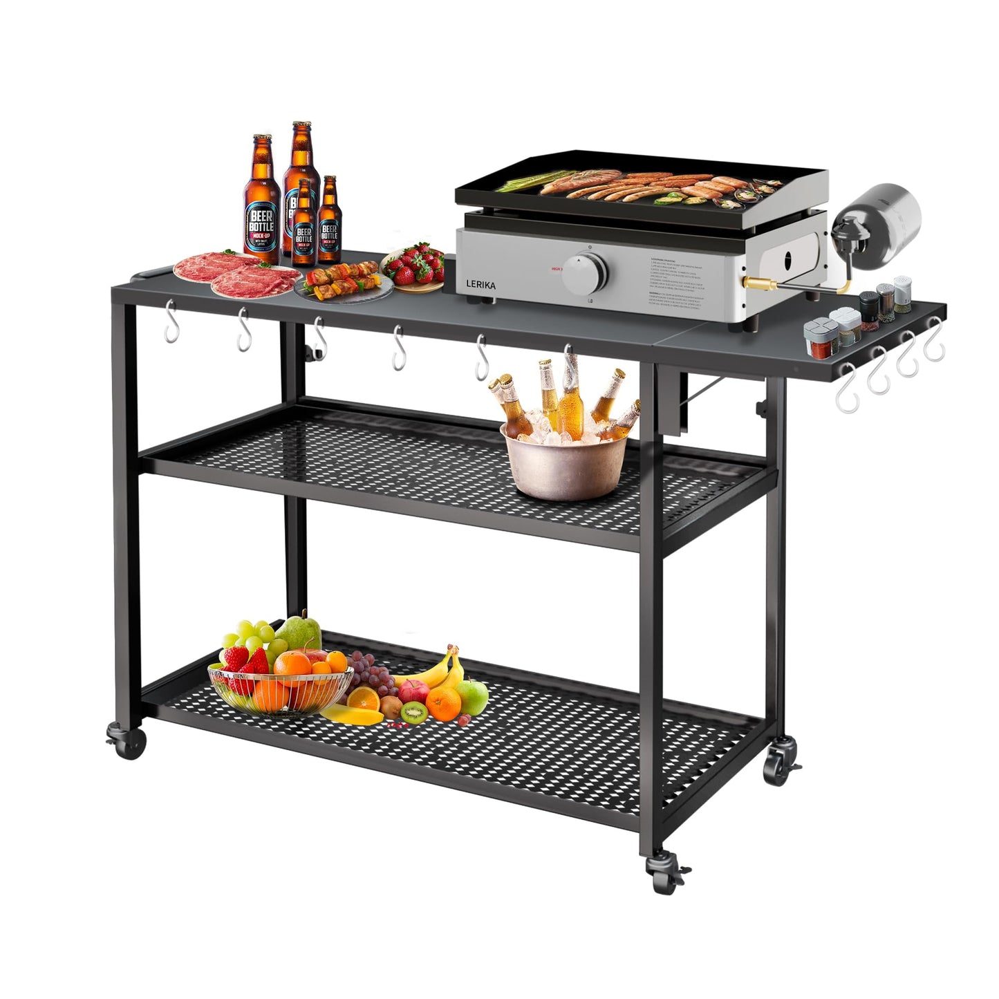 LERIKA Outdoor Grill Cart, 580lb Dining Cart Table with 3 Shelf, Stainless Steel Cart with Lockable Wheels