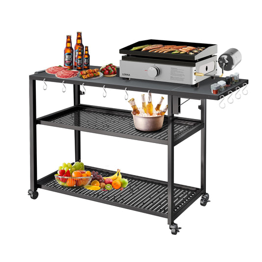 LERIKA Outdoor Grill Cart, 580lb Dining Cart Table with 3 Shelf, Stainless Steel Cart with Lockable Wheels