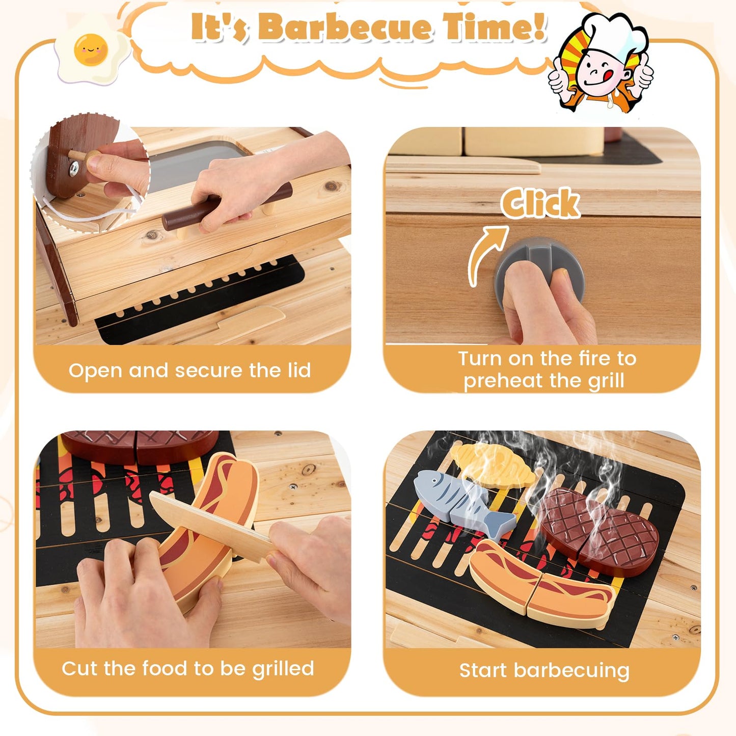 HONEY JOY Mud Kitchen, 3-Piece Modular Wooden Toddlers Play Kitchen/Pizza Counter Playset/Oven Barbecue Grill, Play Food and Accessories, Little Chef Pretend Mud Kitchen for Kids Outdoors, Natural