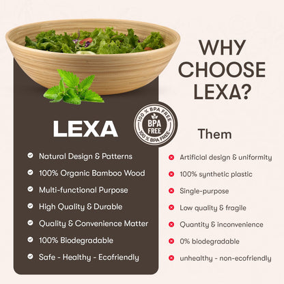 LEXA 12" Handmade Natural Bamboo Wooden Salad Bowl - 130Oz Lightweight Large Wooden Bowls for Food - Bamboo Wooden Fruit Bowl for Kitchen Counter, Wood Bowls for food - Wooden Serving Bowl for Snacks