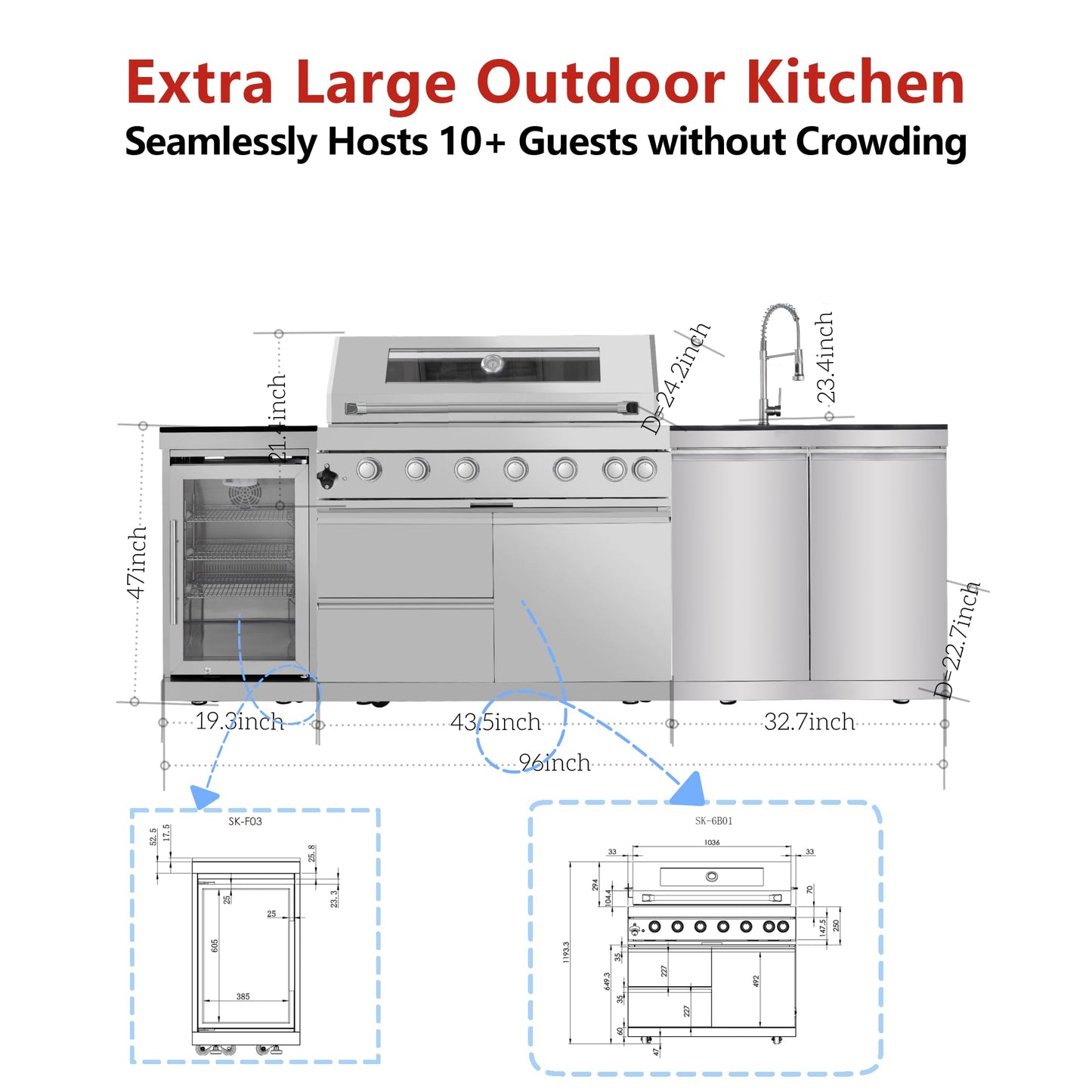 96in Overisized Modular Outdoor Kitchen Bar, 6 Burner 85000 BTU Deluxe Stainless Steel Gas Barbecue Island Kitchen for Backyard w BBQ Grill, Refrigerator, Rotisserie Kit, Countertops, Cabinets, Sink