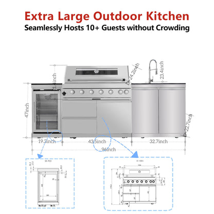 96in Overisized Modular Outdoor Kitchen Bar, 6 Burner 85000 BTU Deluxe Stainless Steel Gas Barbecue Island Kitchen for Backyard w BBQ Grill, Refrigerator, Rotisserie Kit, Countertops, Cabinets, Sink