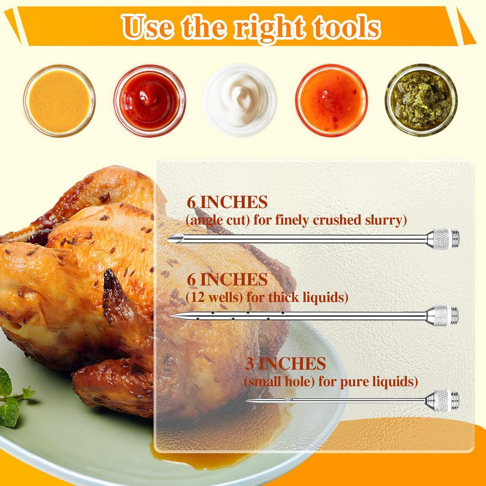 PEOUWNES 304-Stainless Steel Meat Injector Syringe Kit with 3 Marinade Needles for BBQ Grill Smoker, Turkey, Brisket, Beef, Fish, 2-oz Large Capacity, Silicone Brush and Cleaning Brush