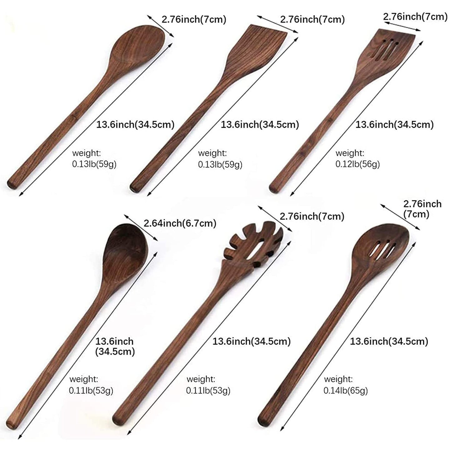 Wooden Kitchen Utensils Set for Cooking, 6 PCS Natural Black Walnut Cooking Utensils Wood Solid Spoon Slotted Spoon Spatula Slotted Spatula Spaghetti Server Set for Nonstick Cookware,6pcs