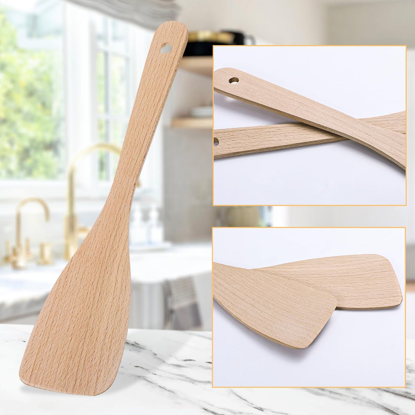 Wanmu 2 Pcs Wooden Spatulas for Cooking, 13 Inches Flat Beech Turner, Wooden Cooking Utensils, Long Handle Scraper, Non Scratch Wok Spatula for Kitchen Non Stick Cookware